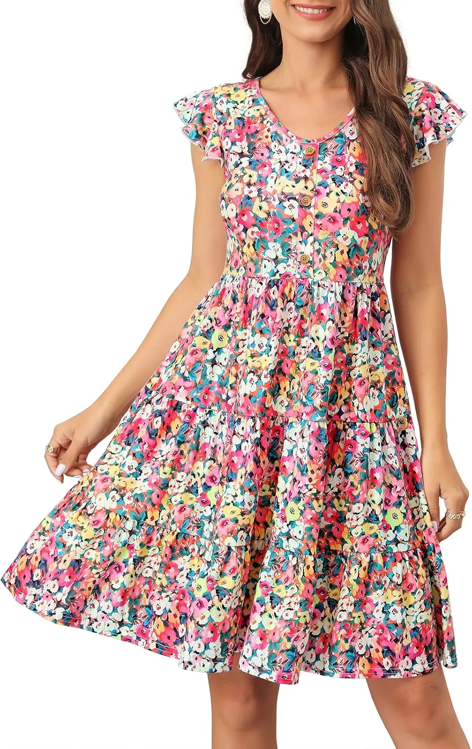 Lamilus Summer Dresses for Women 2023 Casual V Neck Button Down Ruffle Sleeve Short Tiered Baby Doll Beach Swing Sundresses