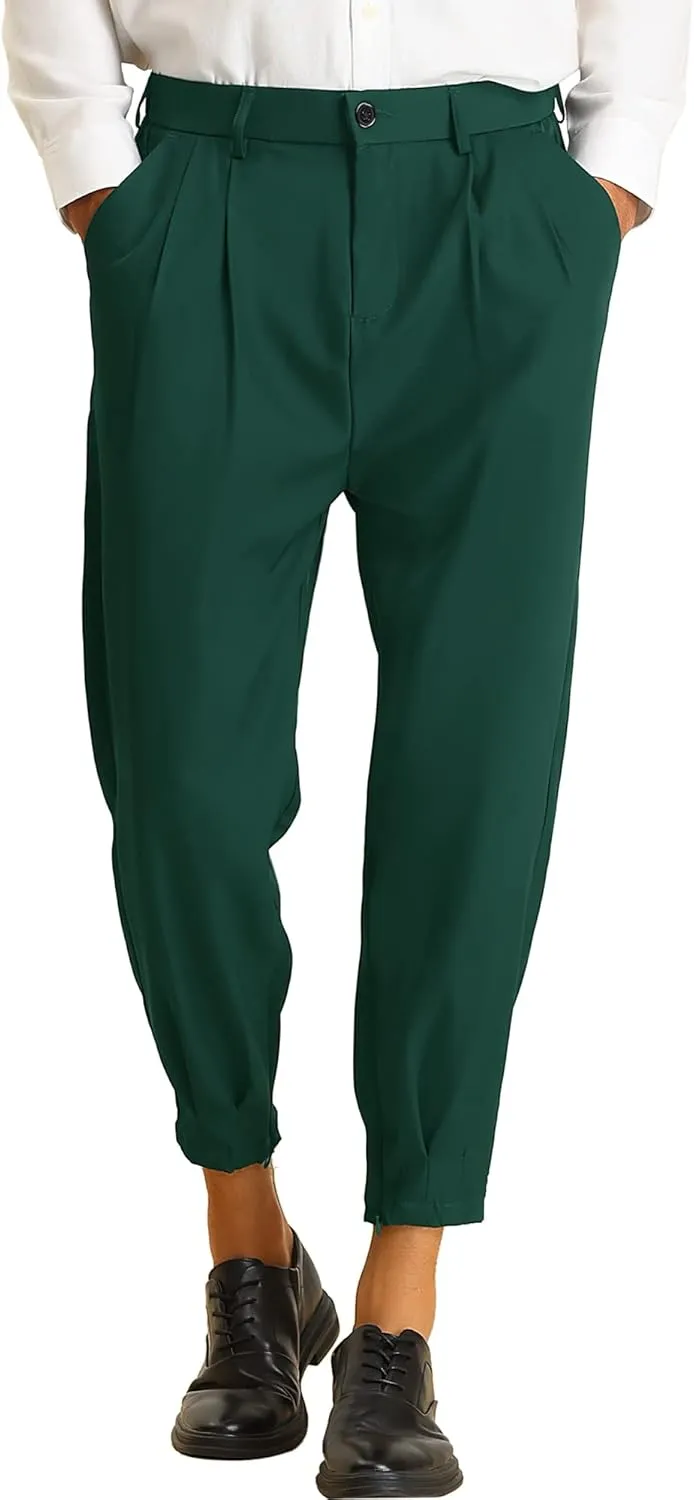 Lars Amadeus Cropped Pants for Men's Pleated Front Tapered Chino Pants Formal Dress Trousers