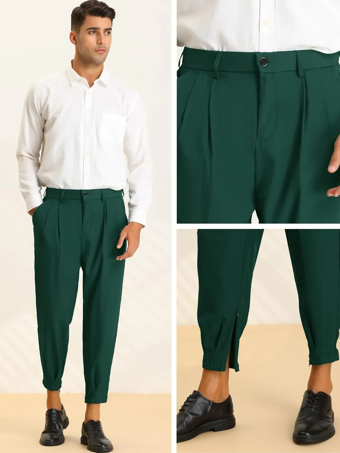 Lars Amadeus Cropped Pants for Men's Pleated Front Tapered Chino Pants Formal Dress Trousers