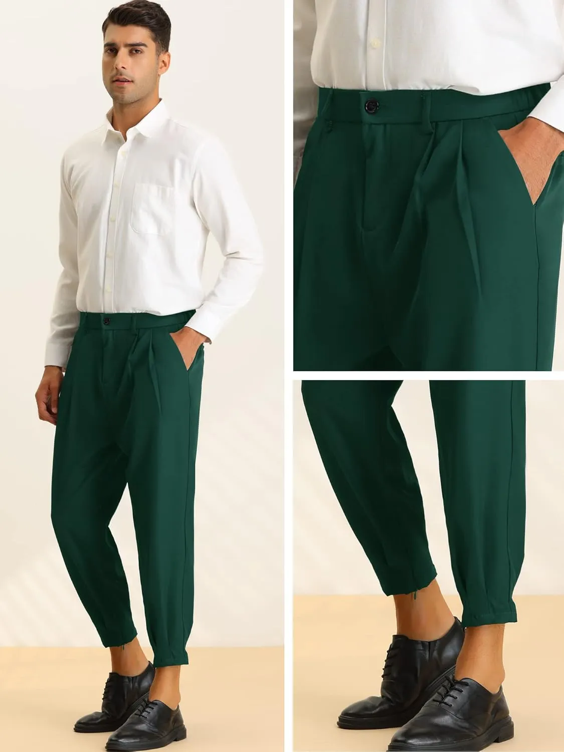 Lars Amadeus Cropped Pants for Men's Pleated Front Tapered Chino Pants Formal Dress Trousers