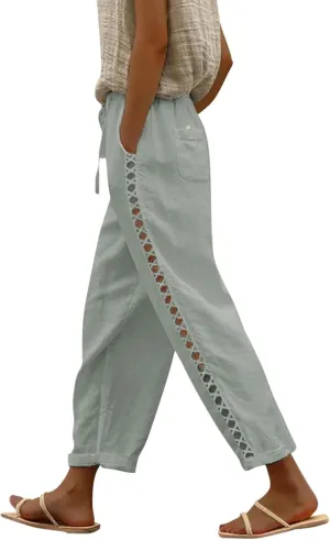 LCMTWX Linen Pants High Waist Pants Drawstring Capri Pants with Pockets Wide Leg Cropped Pants for Cotton Linen Pants Women