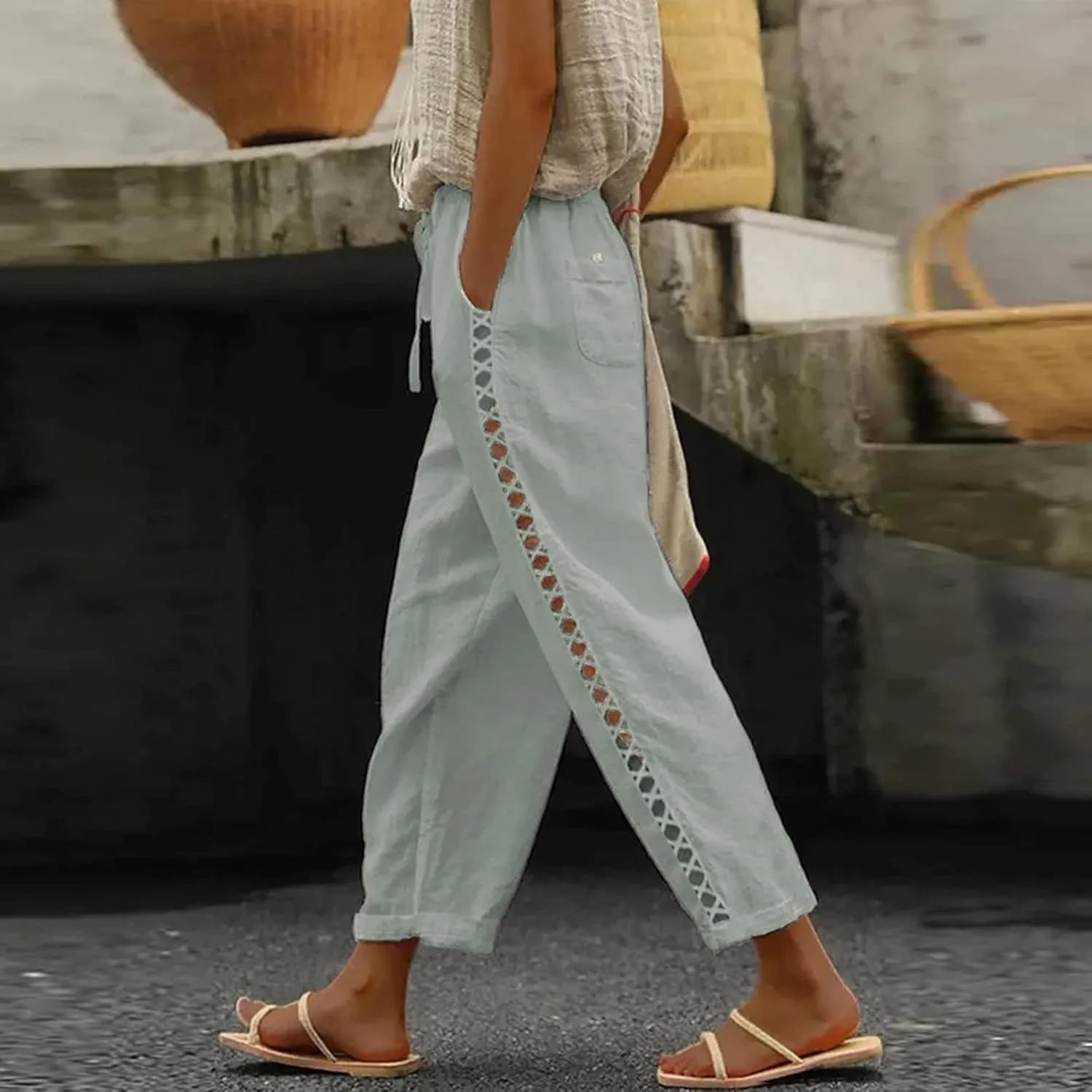 LCMTWX Linen Pants High Waist Pants Drawstring Capri Pants with Pockets Wide Leg Cropped Pants for Cotton Linen Pants Women