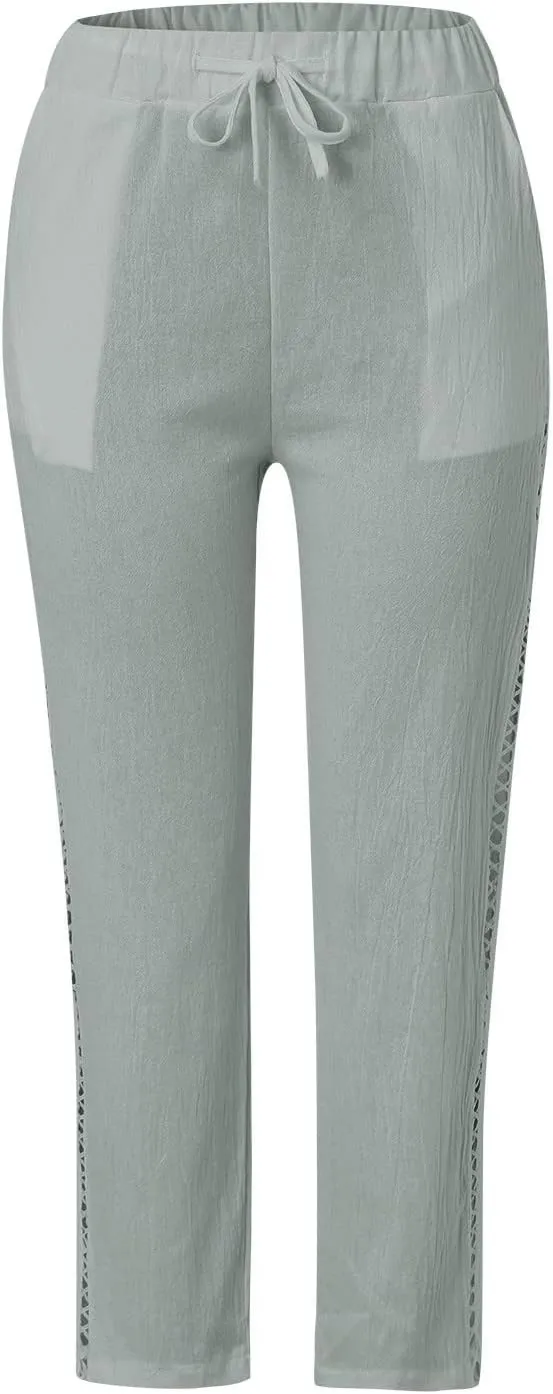 LCMTWX Linen Pants High Waist Pants Drawstring Capri Pants with Pockets Wide Leg Cropped Pants for Cotton Linen Pants Women