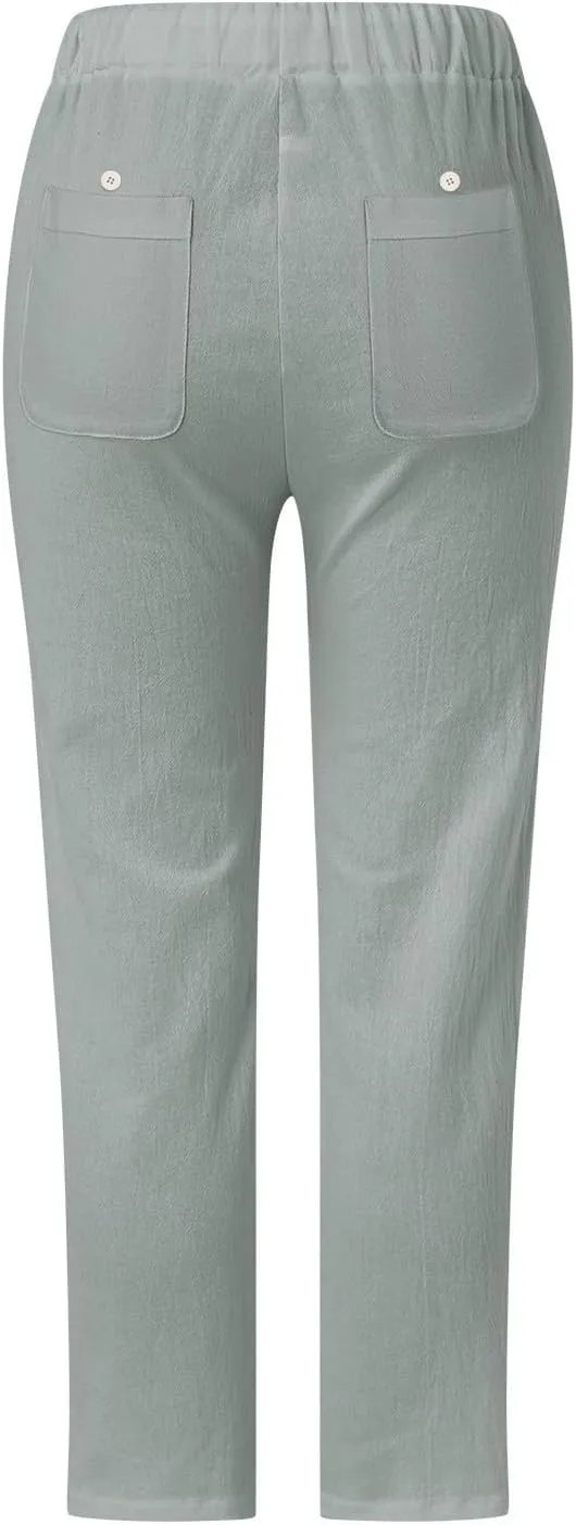 LCMTWX Linen Pants High Waist Pants Drawstring Capri Pants with Pockets Wide Leg Cropped Pants for Cotton Linen Pants Women
