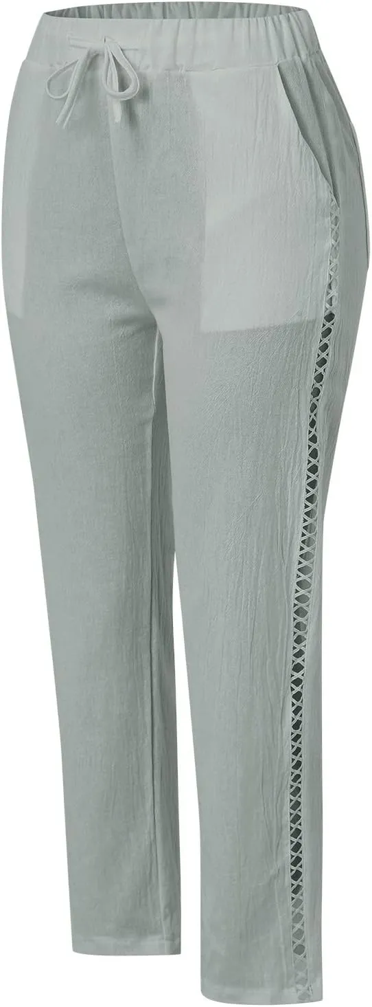 LCMTWX Linen Pants High Waist Pants Drawstring Capri Pants with Pockets Wide Leg Cropped Pants for Cotton Linen Pants Women