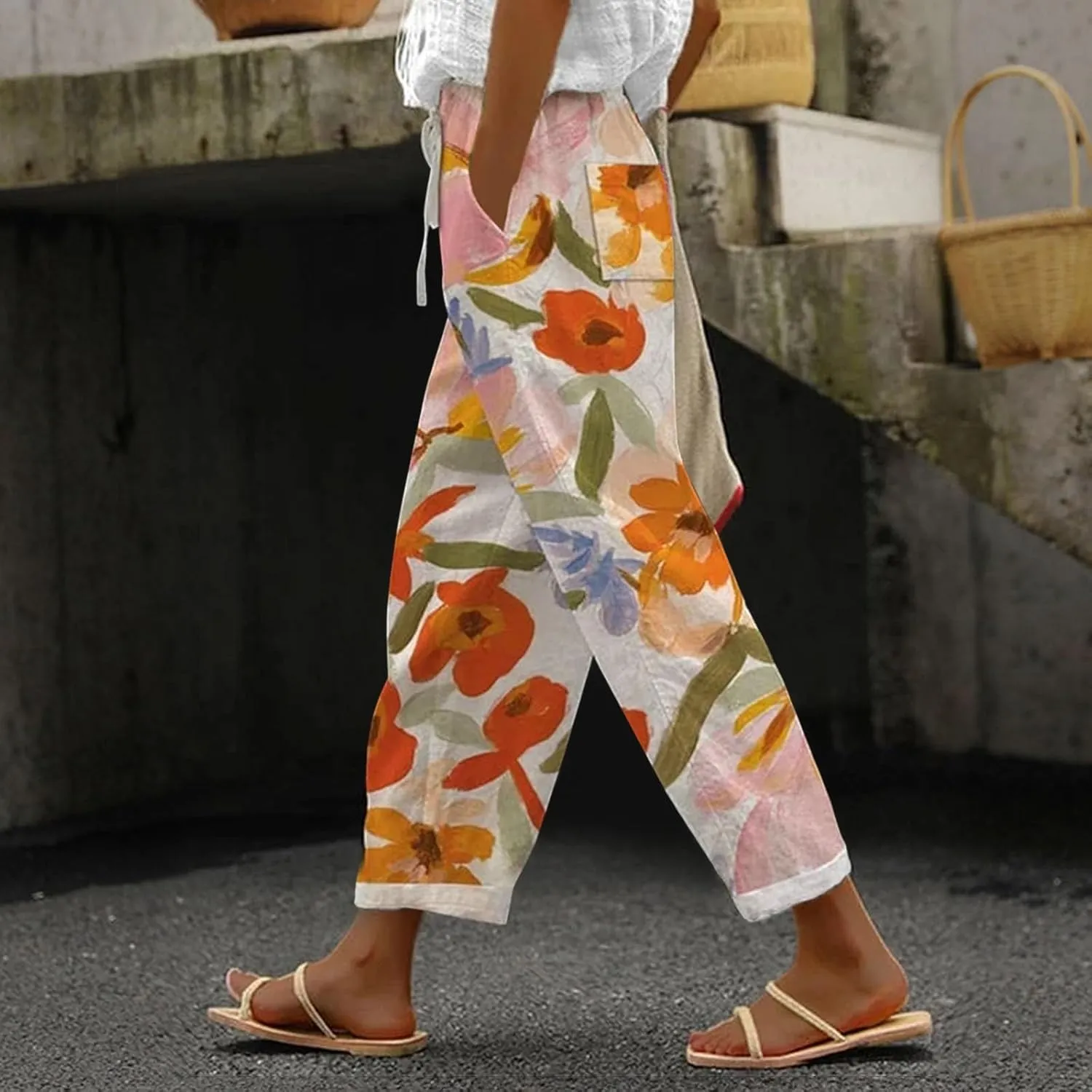 LCMTWX Wide Leg Linen Pants Woman 2025 Pants with Pockets Wide Leg Cropped Pants for Women Capri Pants 2025 Pants with