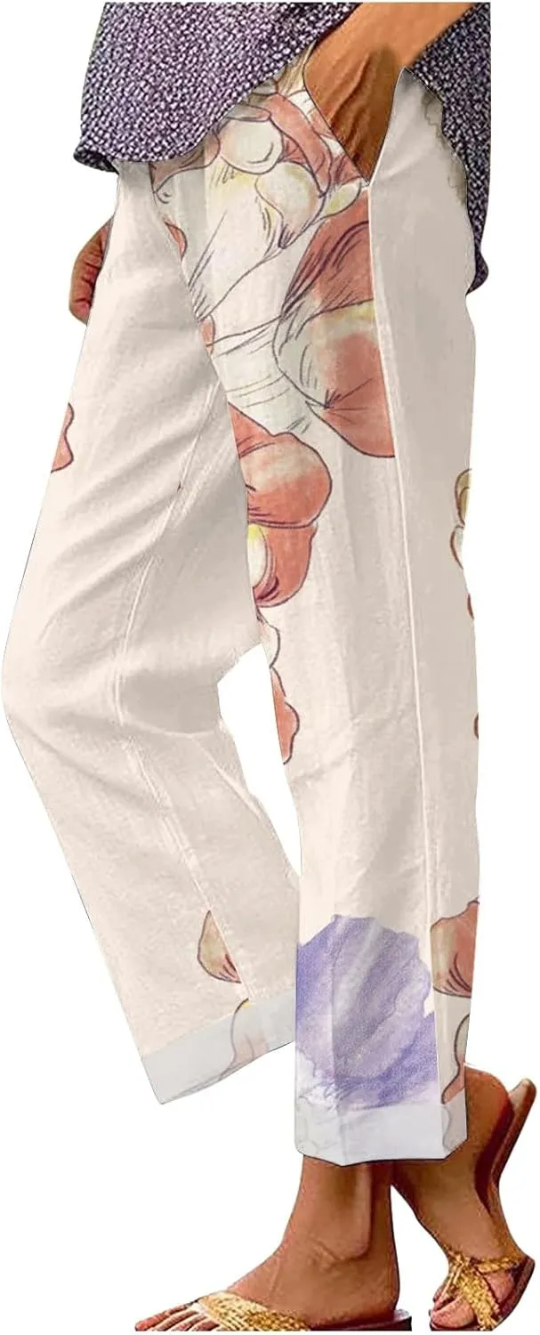 LCMTWX Women's Linen High Waisted Straight Pants Drawstring Linen Women Waist Cotton Casual Pants with Pockets Boho Clothes