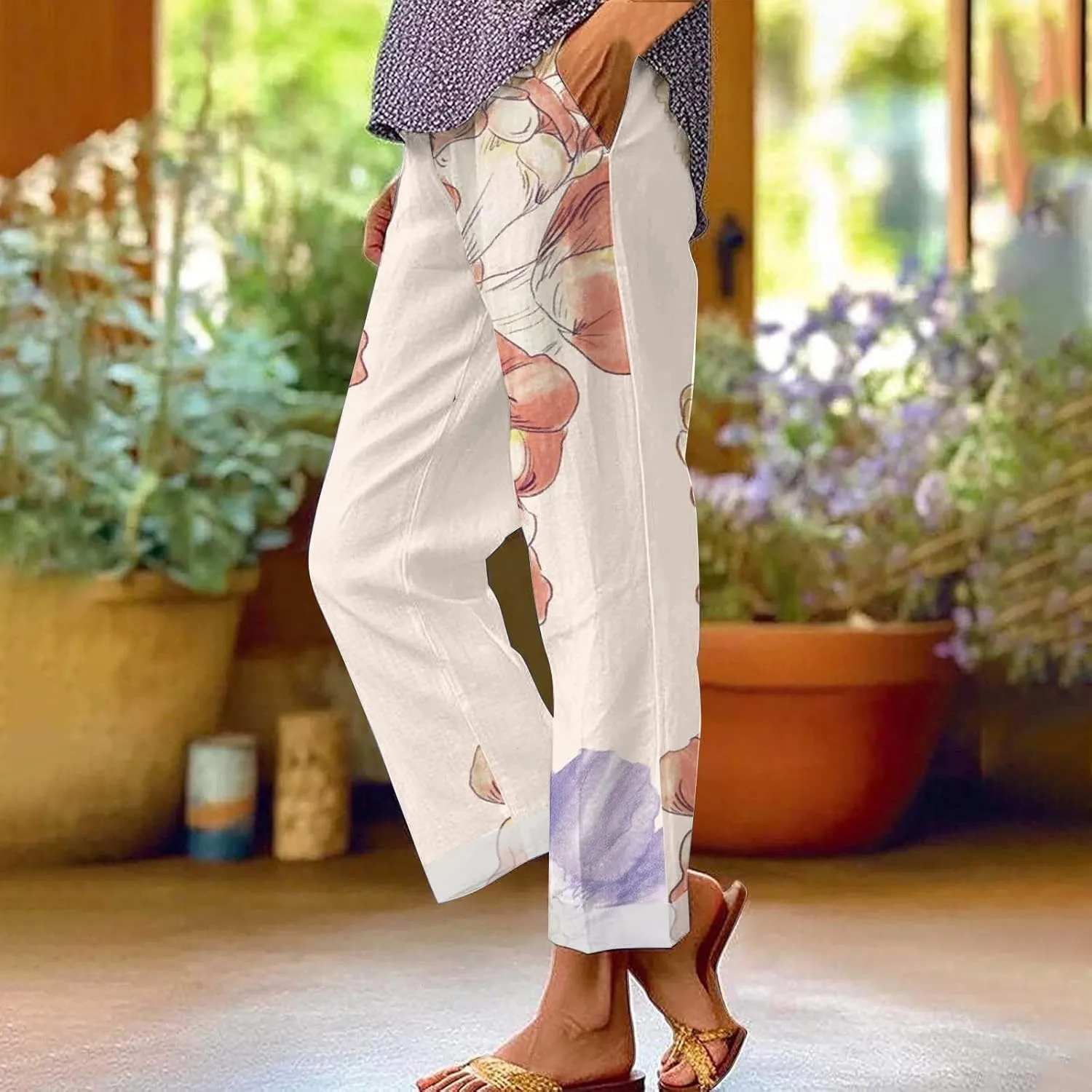 LCMTWX Women's Linen High Waisted Straight Pants Drawstring Linen Women Waist Cotton Casual Pants with Pockets Boho Clothes