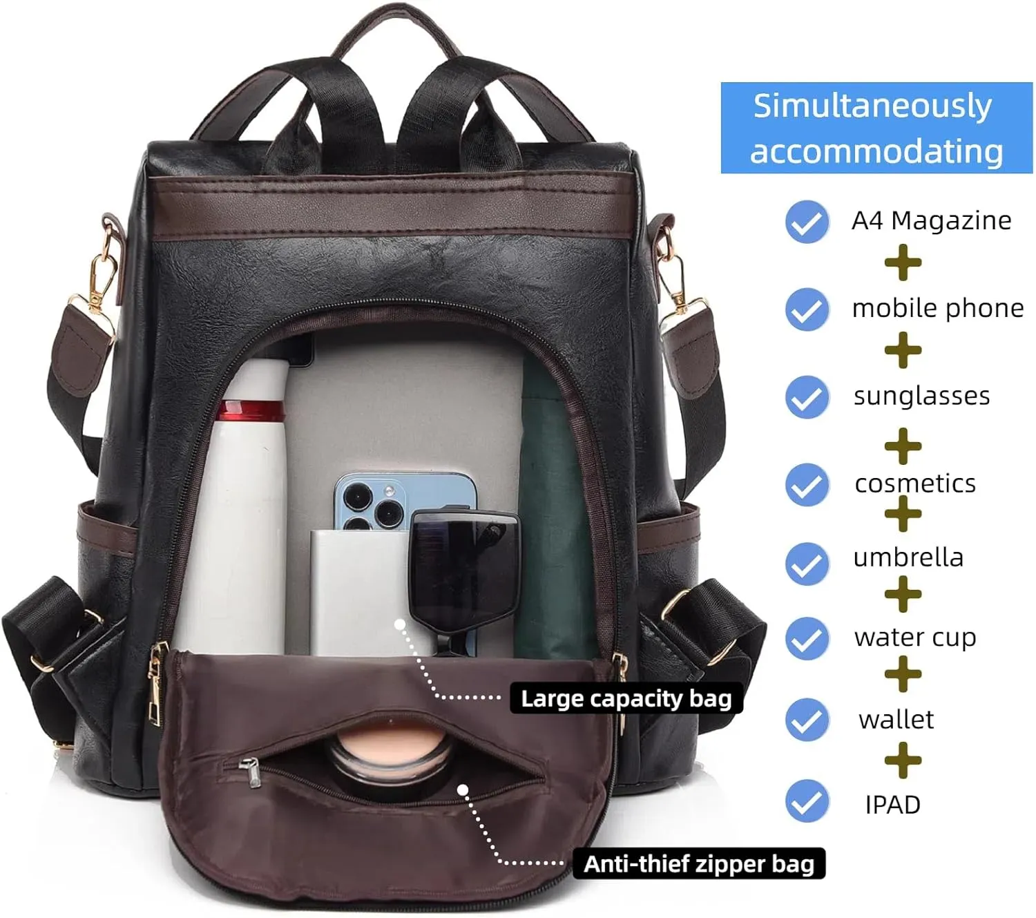Leather Backpack Purse for Women Multipurpose Design Ladies Shoulder Bags Convertible Satchel Handbags Travel Bag (black)