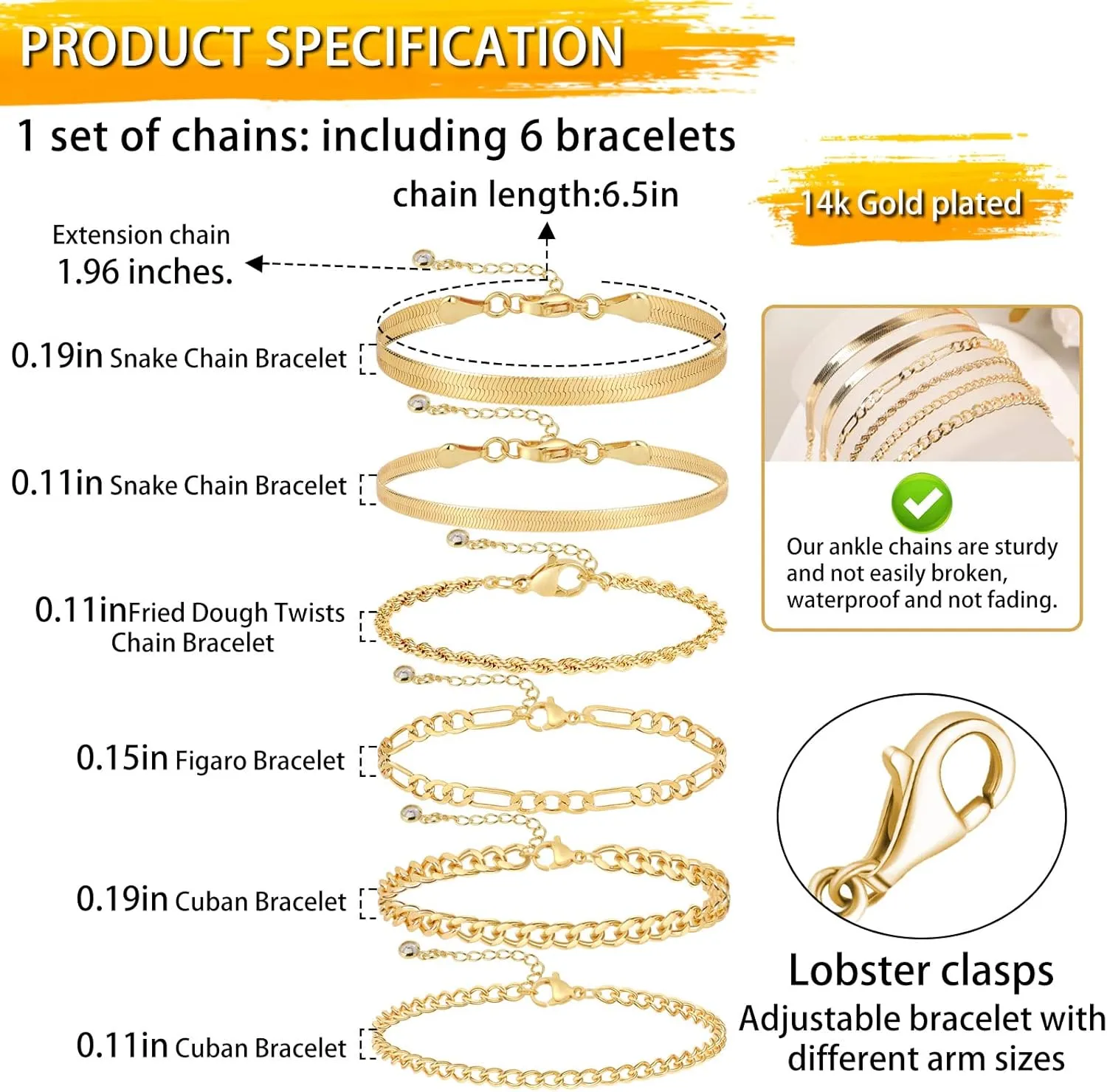 LEXODY Gold Bracelets for Women 14K Gold Herringbone Bracelets Sets Dainty Herringbone Jewelry Stackable Figaro Chain Paperclip Link Chain Cute Anklet Bracelet Pack for Women