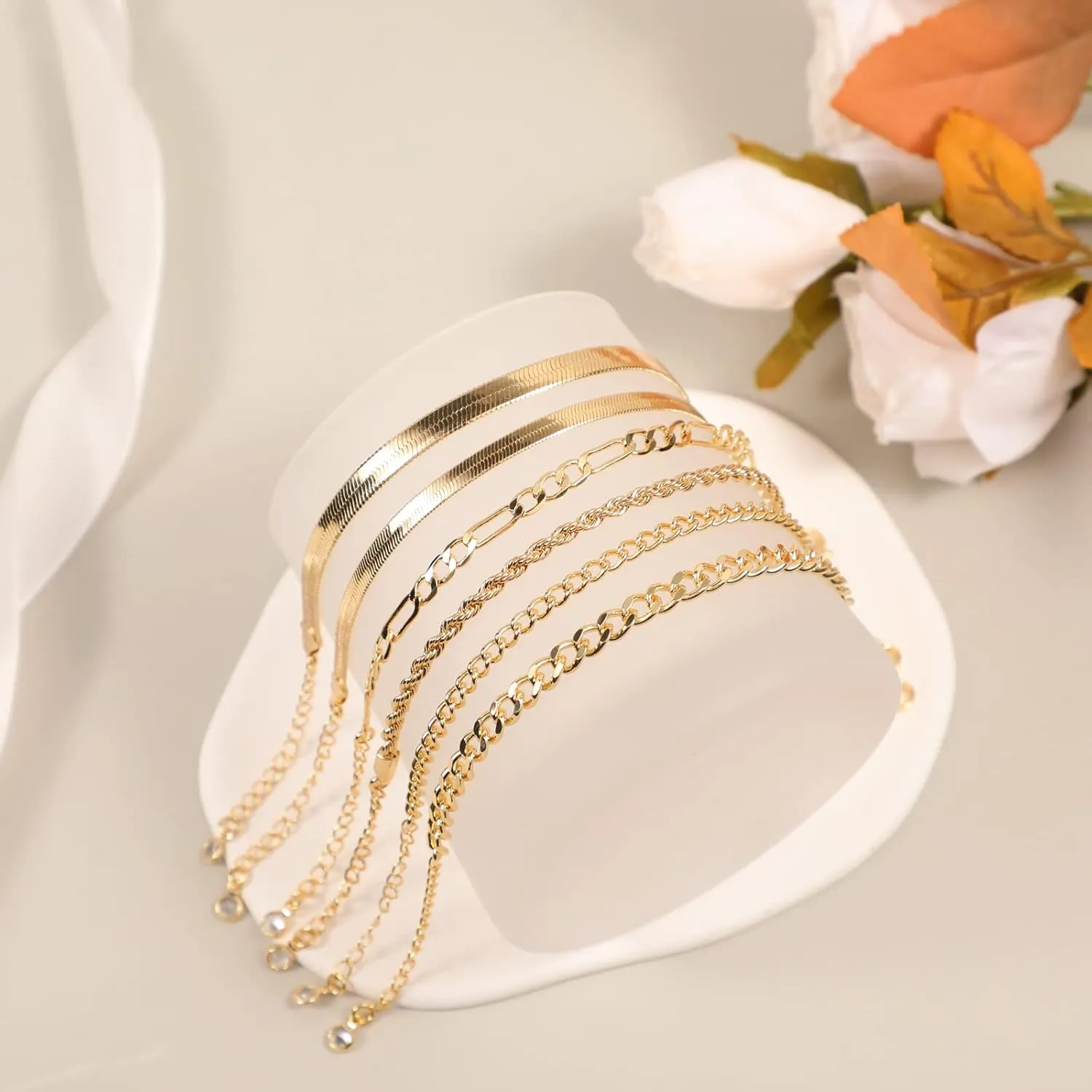 LEXODY Gold Bracelets for Women 14K Gold Herringbone Bracelets Sets Dainty Herringbone Jewelry Stackable Figaro Chain Paperclip Link Chain Cute Anklet Bracelet Pack for Women