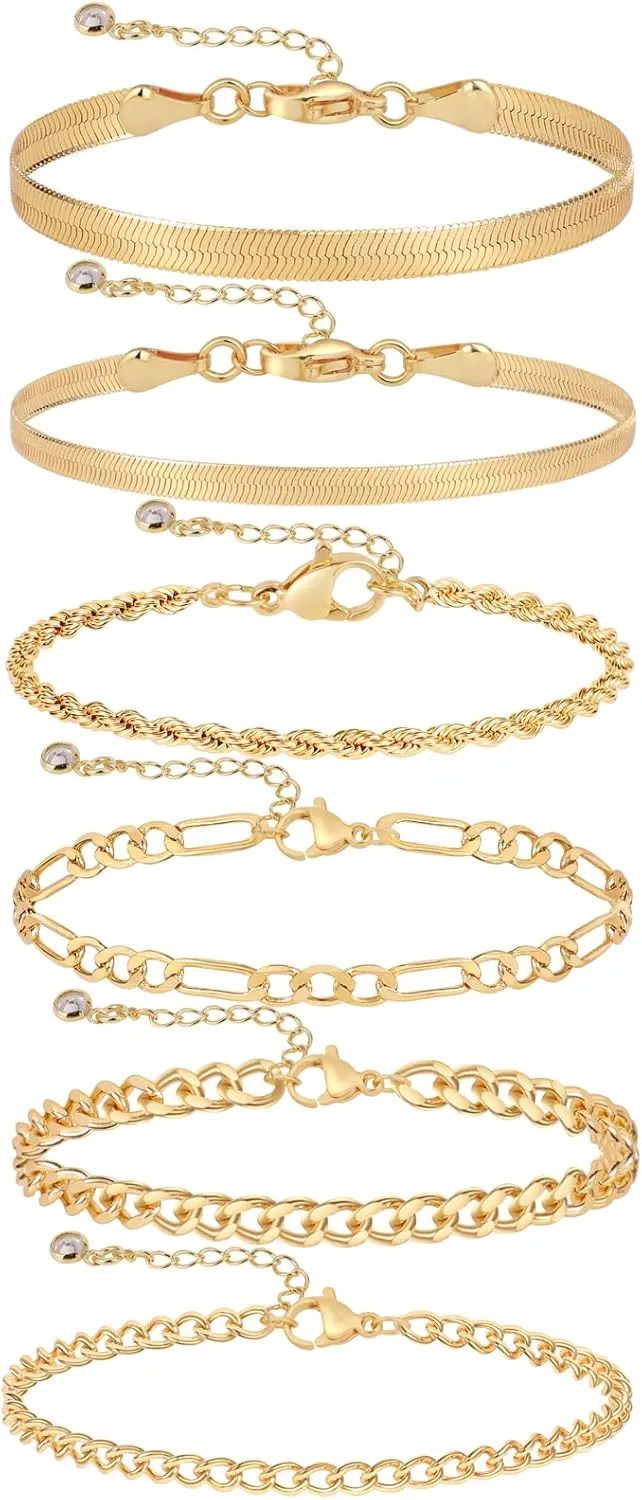 LEXODY Gold Bracelets for Women 14K Gold Herringbone Bracelets Sets Dainty Herringbone Jewelry Stackable Figaro Chain Paperclip Link Chain Cute Anklet Bracelet Pack for Women