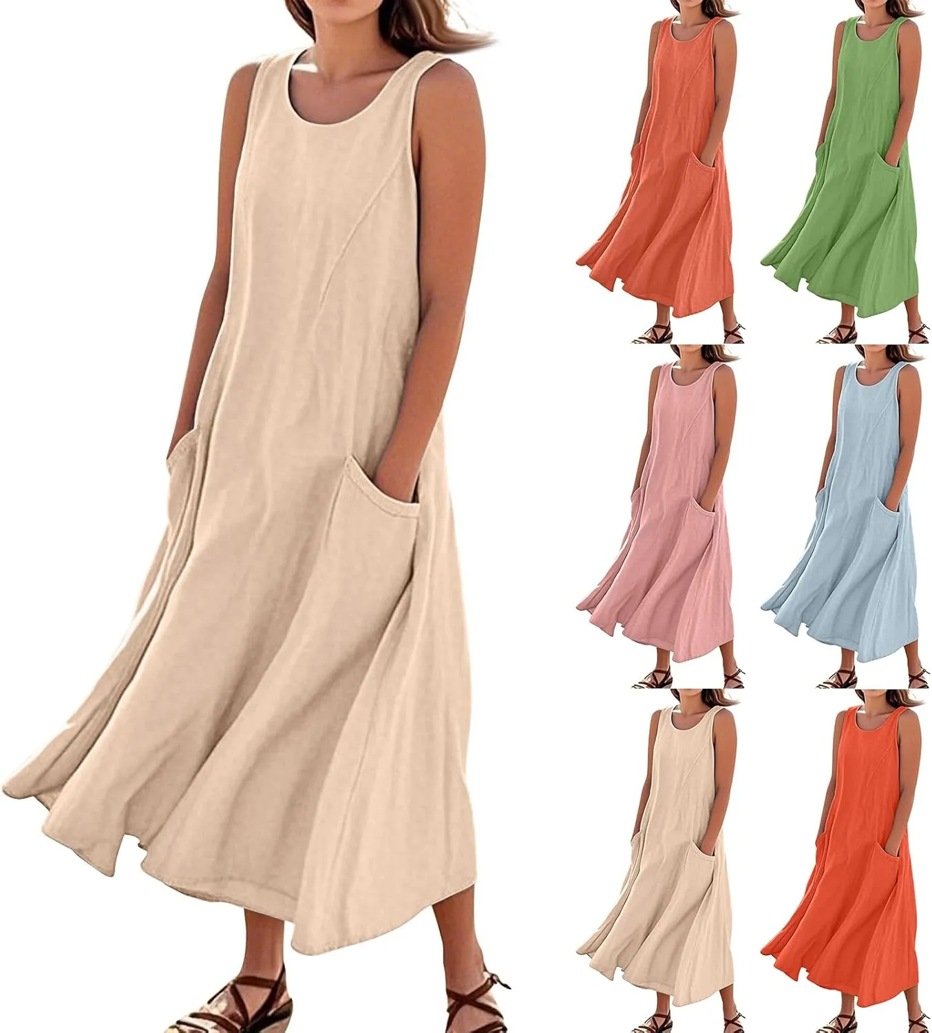 Linen Dress Women Causal Sleeveless U Neck Plus Size Summer Dresses Flowy Ruffle Hem Maxi T Shirt Dresses Midi Dress