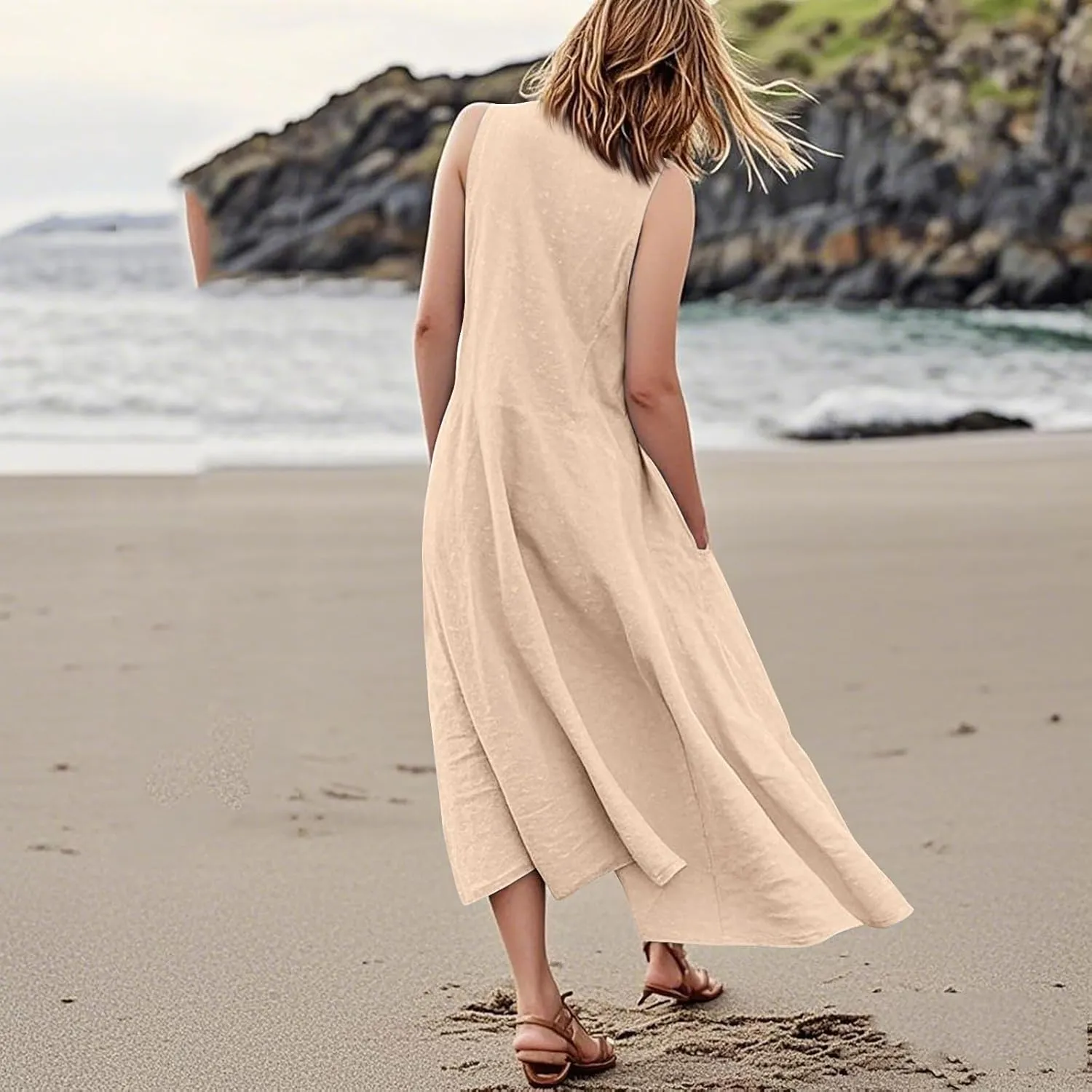 Linen Dress Women Causal Sleeveless U Neck Plus Size Summer Dresses Flowy Ruffle Hem Maxi T Shirt Dresses Midi Dress