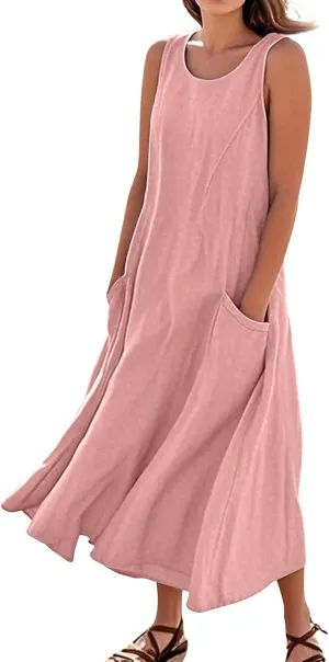 Linen Dress Women Causal Sleeveless U Neck Plus Size Summer Dresses Flowy Ruffle Hem Maxi T Shirt Dresses Midi Dress