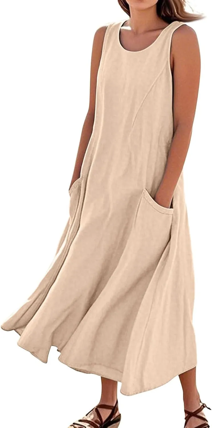 Linen Dress Women Causal Sleeveless U Neck Plus Size Summer Dresses Flowy Ruffle Hem Maxi T Shirt Dresses Midi Dress