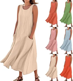 Linen Dress Women Causal Sleeveless U Neck Plus Size Summer Dresses Flowy Ruffle Hem Maxi T Shirt Dresses Midi Dress