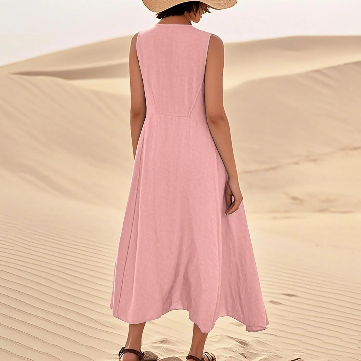 Linen Dress Women Causal Sleeveless U Neck Plus Size Summer Dresses Flowy Ruffle Hem Maxi T Shirt Dresses Midi Dress