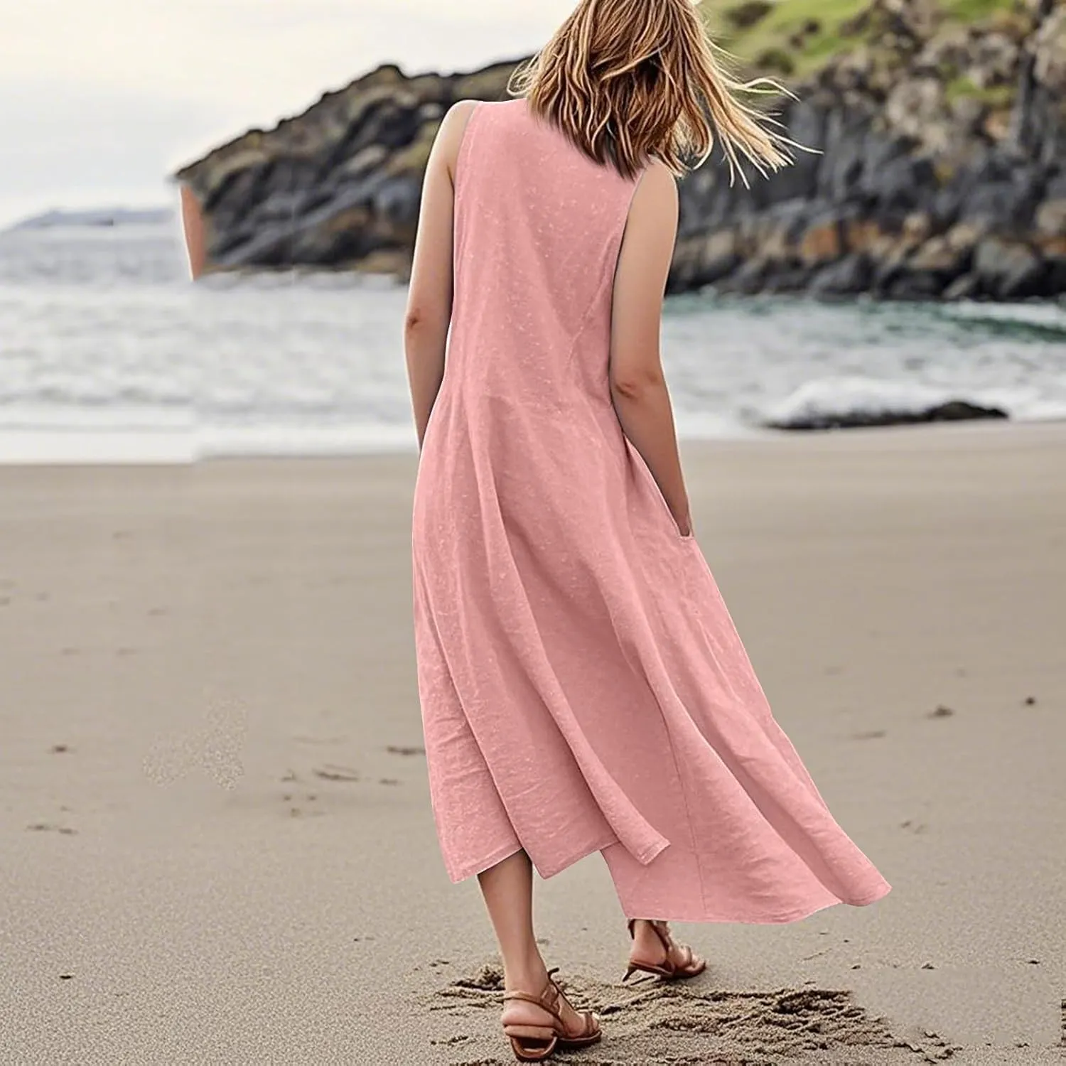 Linen Dress Women Causal Sleeveless U Neck Plus Size Summer Dresses Flowy Ruffle Hem Maxi T Shirt Dresses Midi Dress