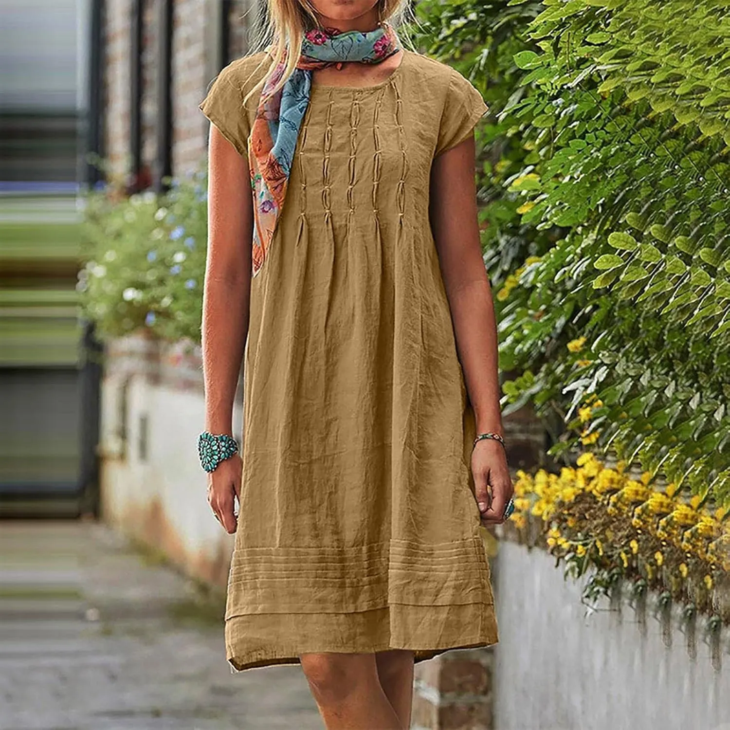Linen Dress Women Summer Ruffle Casual Midi Dress Lightweight Beach Vacation Sundress Boho Resort Wear 2025