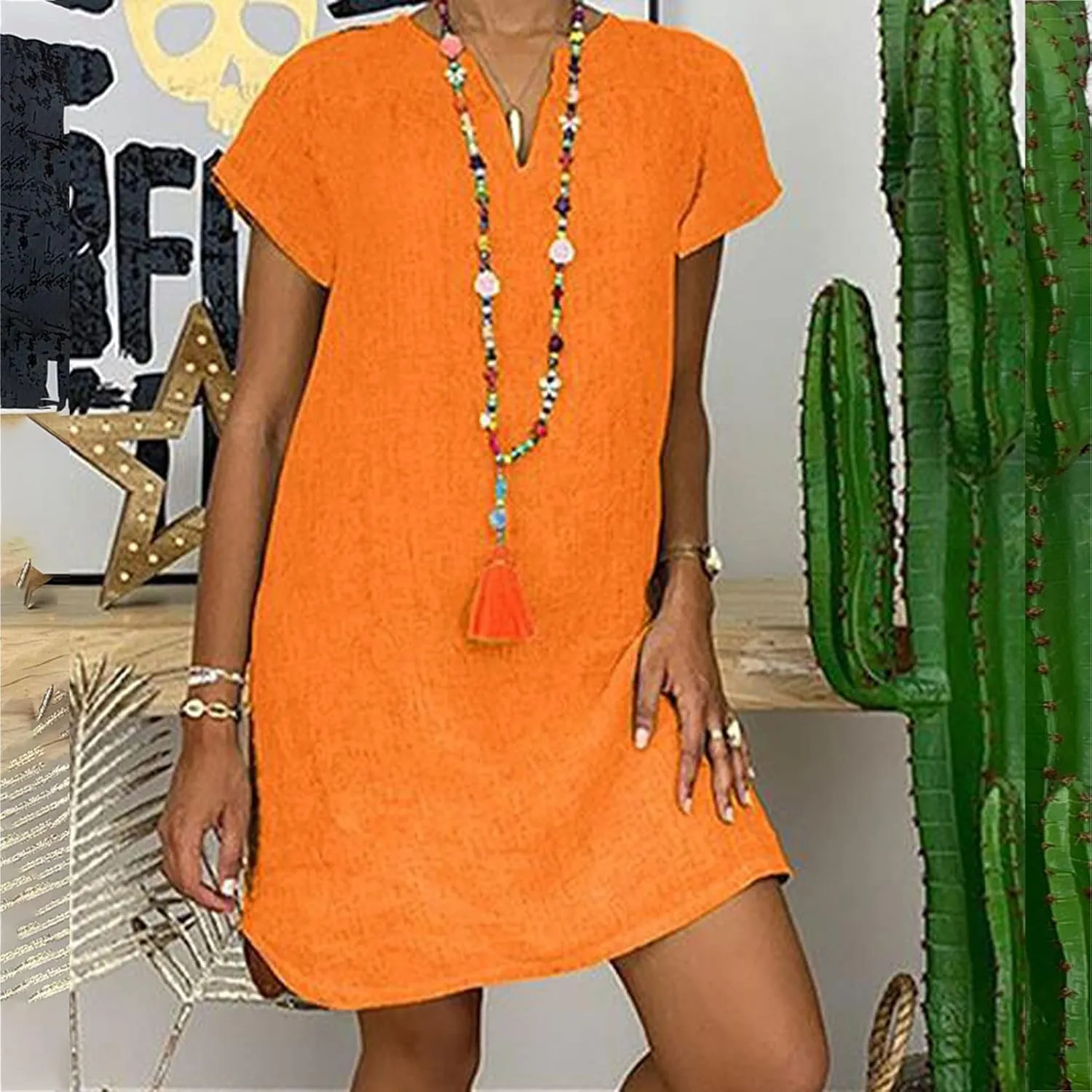 Linen Dress Women Summer Short Sleeve Midi Beach Dress Boho V Neck Casual Loose Flowy Dresses Cruise Vacation Outfits