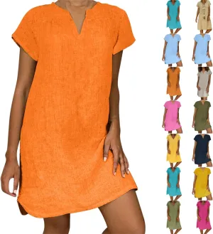 Linen Dress Women Summer Short Sleeve Midi Beach Dress Boho V Neck Casual Loose Flowy Dresses Cruise Vacation Outfits