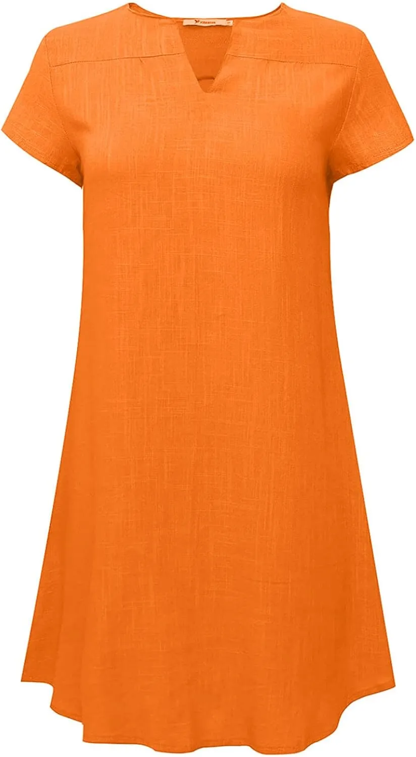 Linen Dress Women Summer Short Sleeve Midi Beach Dress Boho V Neck Casual Loose Flowy Dresses Cruise Vacation Outfits