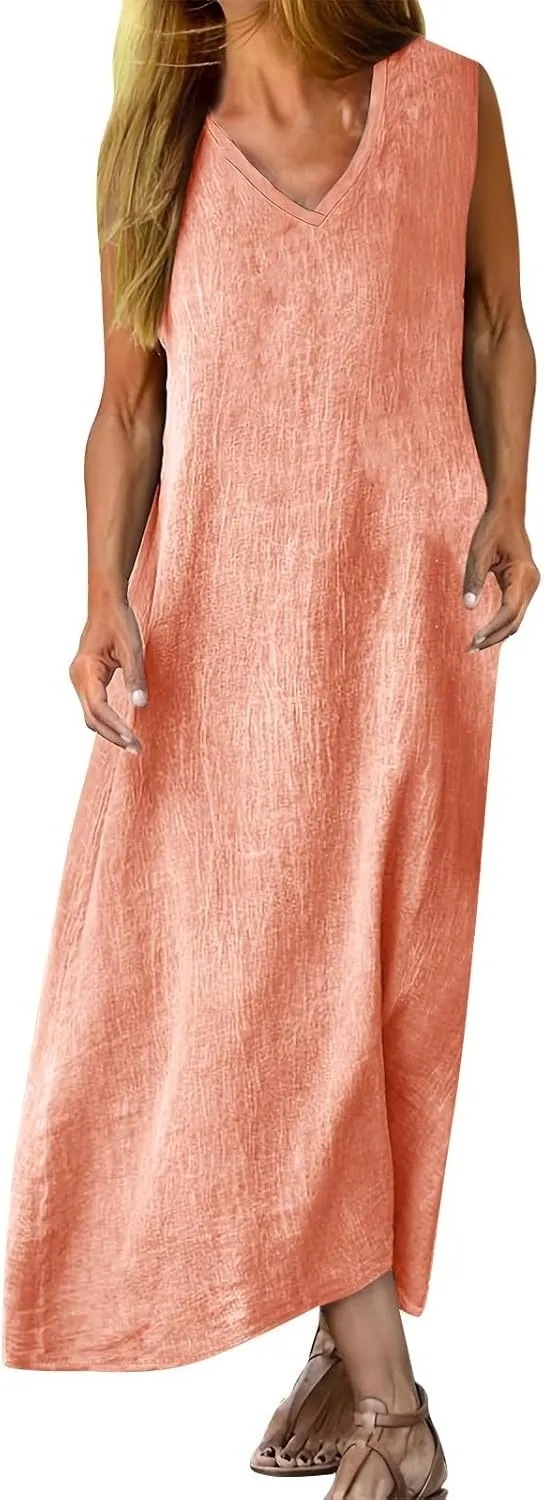 Linen Dresses for Women Sleeveless Linen Casual Cotton Tank Maxi 2025 Summer Dress