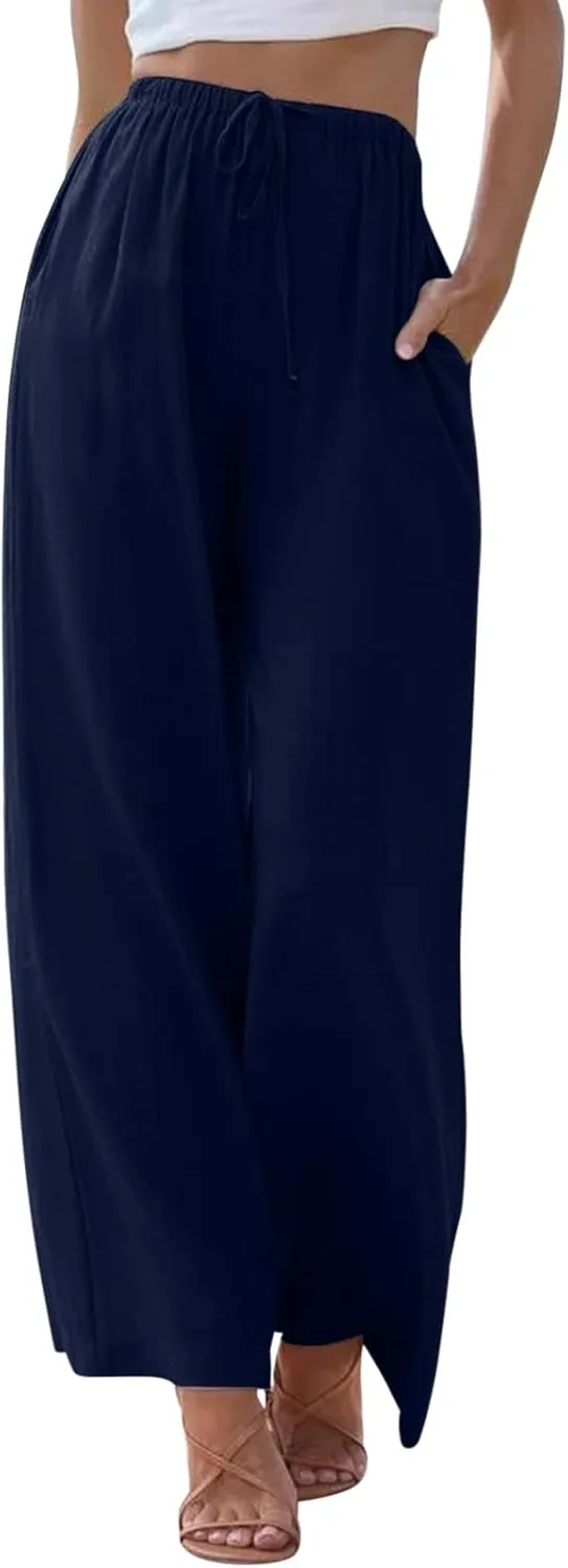 Linen Flowy Pants for Women Wide Leg Beach Pants Summer Vacation Boho Pants Casual Yoga Pants Women Holiday Lounge Pants