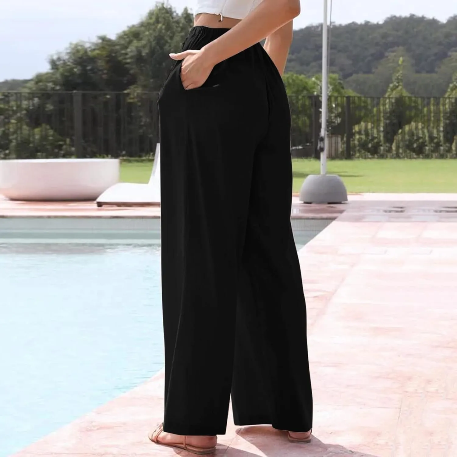 Linen Flowy Pants for Women Wide Leg Beach Pants Summer Vacation Boho Pants Casual Yoga Pants Women Holiday Lounge Pants