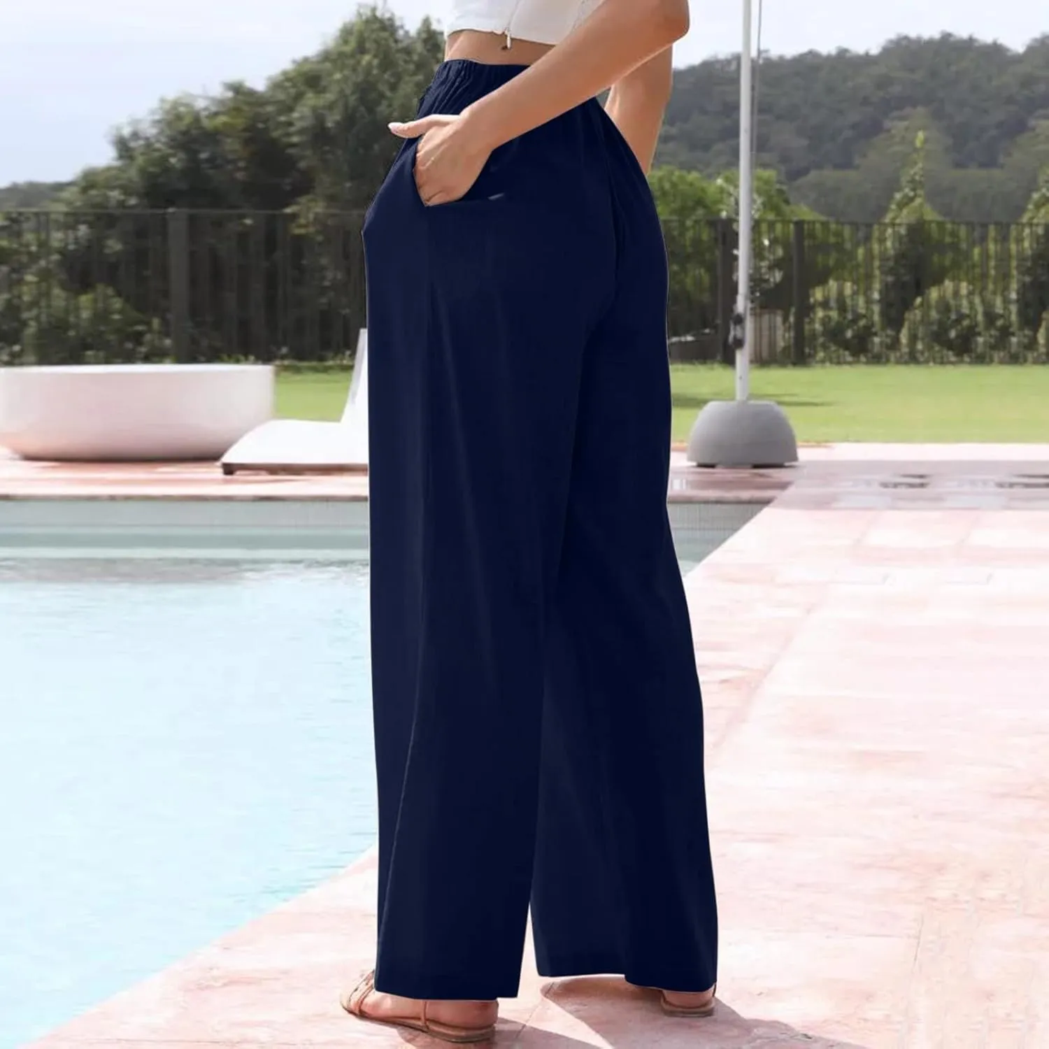 Linen Flowy Pants for Women Wide Leg Beach Pants Summer Vacation Boho Pants Casual Yoga Pants Women Holiday Lounge Pants