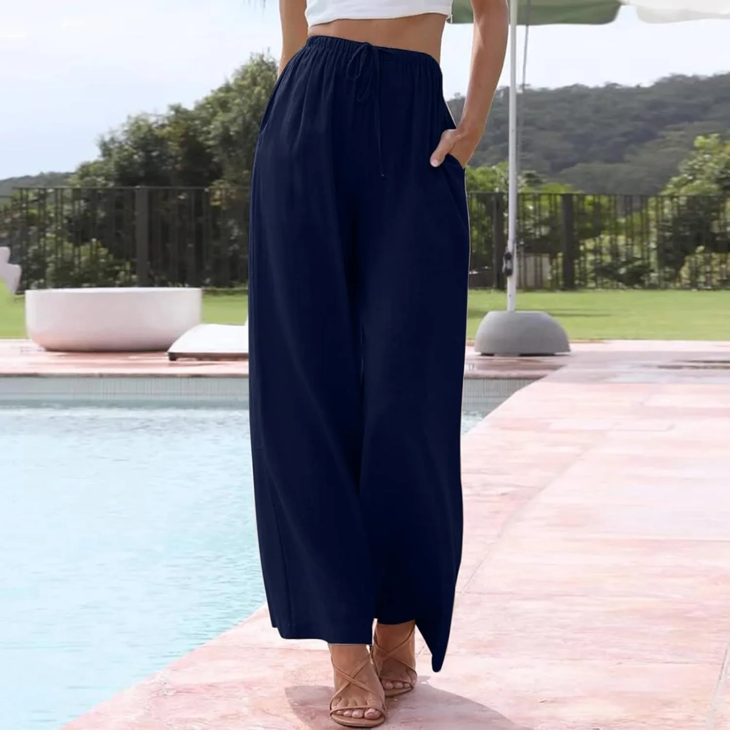 Linen Flowy Pants for Women Wide Leg Beach Pants Summer Vacation Boho Pants Casual Yoga Pants Women Holiday Lounge Pants