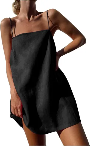 Linen Mini Dress Women Spaghetti Strap Summer Dress Loose Sleeveless Beachwear A-Line Casual Dress Short Cami Dress