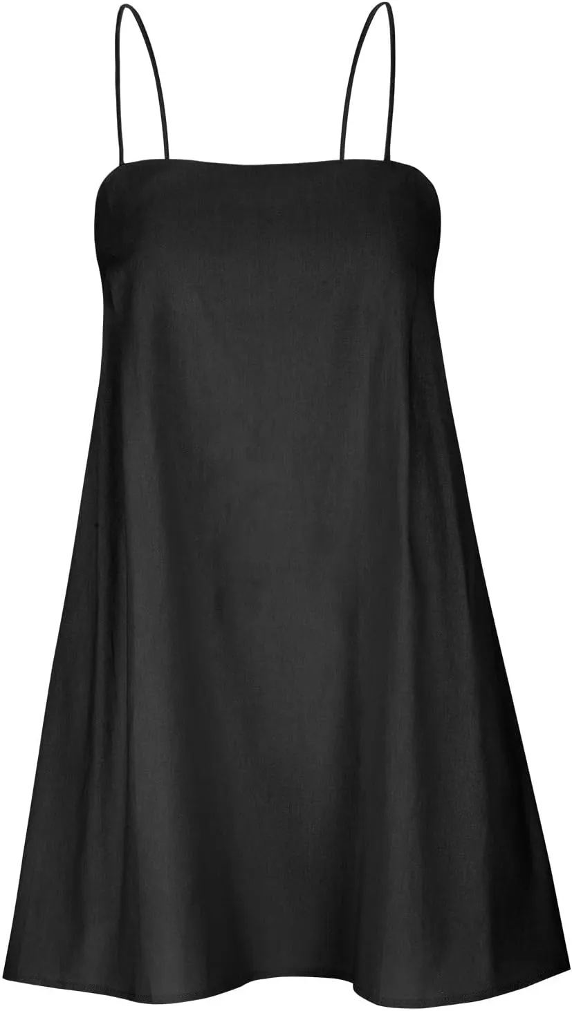 Linen Mini Dress Women Spaghetti Strap Summer Dress Loose Sleeveless Beachwear A-Line Casual Dress Short Cami Dress
