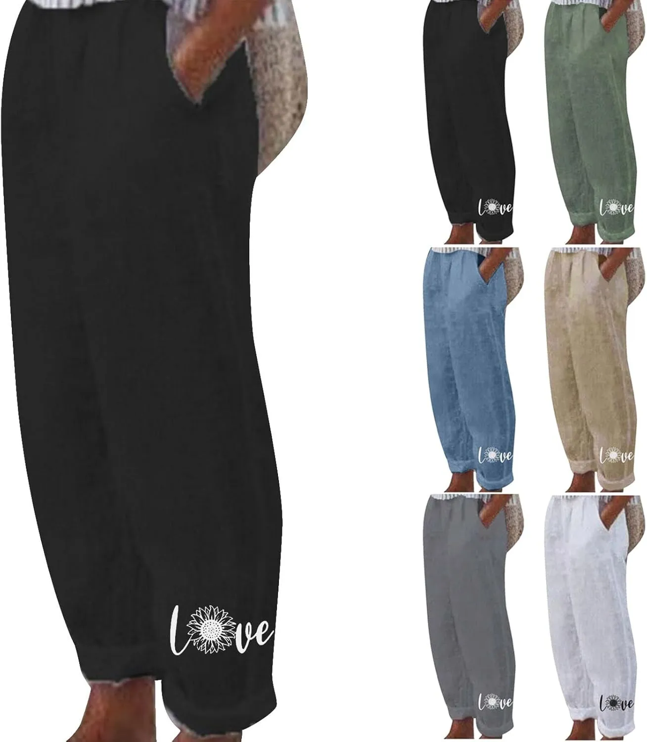 Linen Pants for Women Casual Loose Fit Lightweight Summer Trousers Tapered Leg Lounge Linen Pants with Pockets