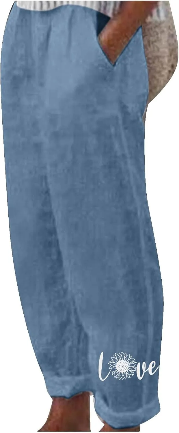 Linen Pants for Women Casual Loose Fit Lightweight Summer Trousers Tapered Leg Lounge Linen Pants with Pockets