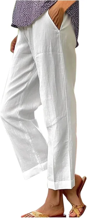 Linen Pants for Women Summer Casual Cropped Pants Straight Leg Beach Pants High Waisted Lounge Pants with Pockets