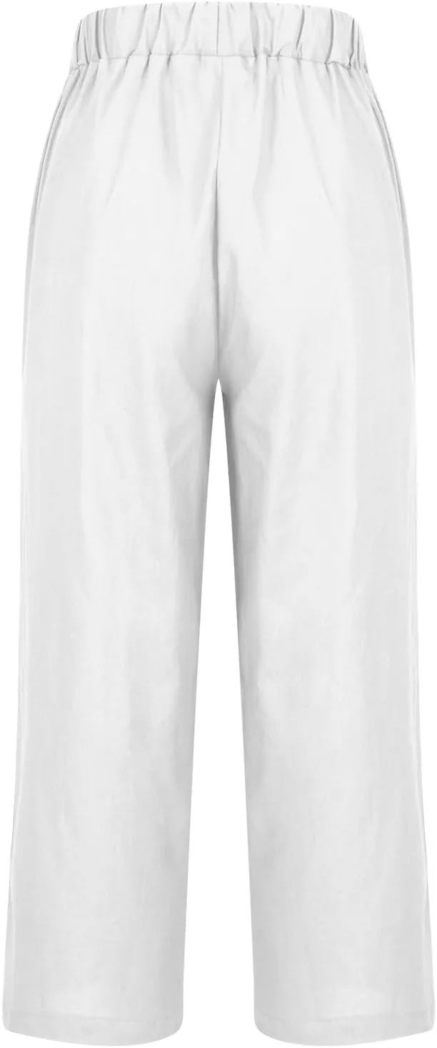 Linen Pants for Women Summer Casual Cropped Pants Straight Leg Beach Pants High Waisted Lounge Pants with Pockets