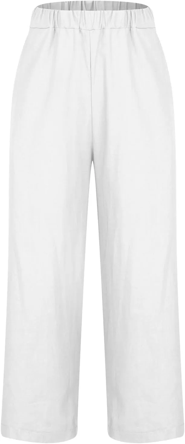 Linen Pants for Women Summer Casual Cropped Pants Straight Leg Beach Pants High Waisted Lounge Pants with Pockets