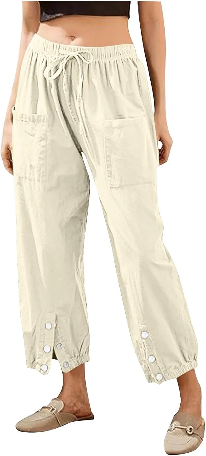 Linen Pants for Women Summer Casual Tie Knot High Waist Pants Button Slit Hem Trousers Baggy Slacks with Pockets 2025