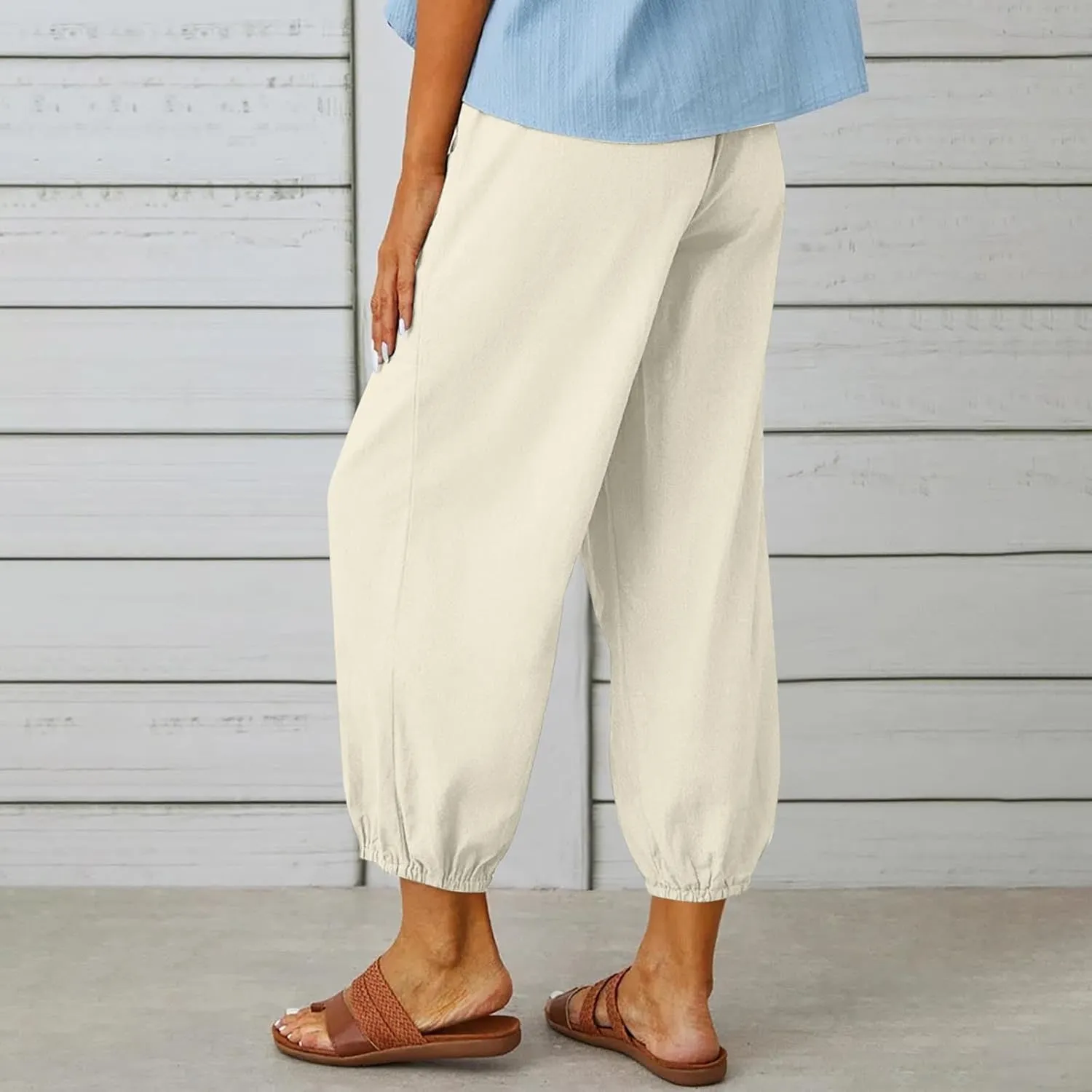 Linen Pants for Women Summer Casual Tie Knot High Waist Pants Button Slit Hem Trousers Baggy Slacks with Pockets 2025