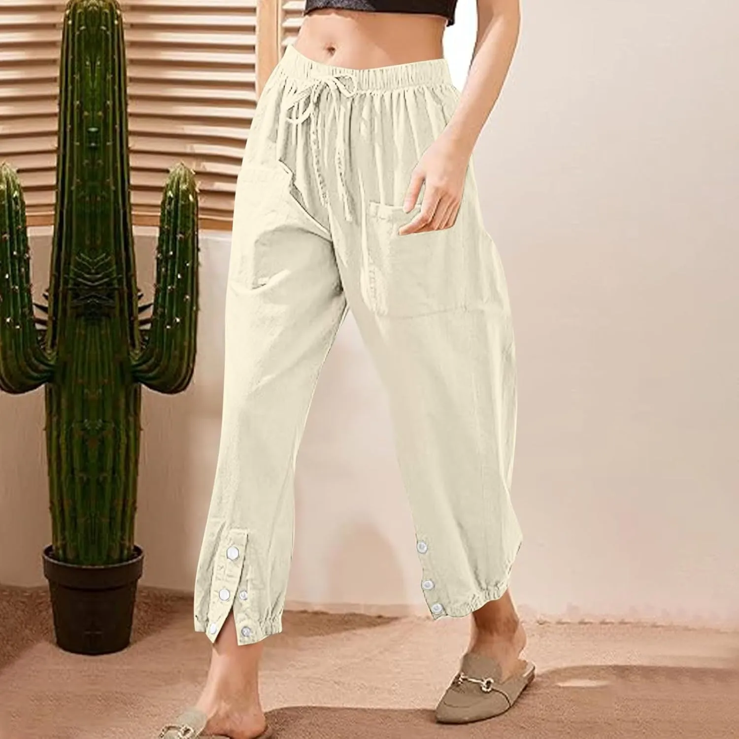 Linen Pants for Women Summer Casual Tie Knot High Waist Pants Button Slit Hem Trousers Baggy Slacks with Pockets 2025