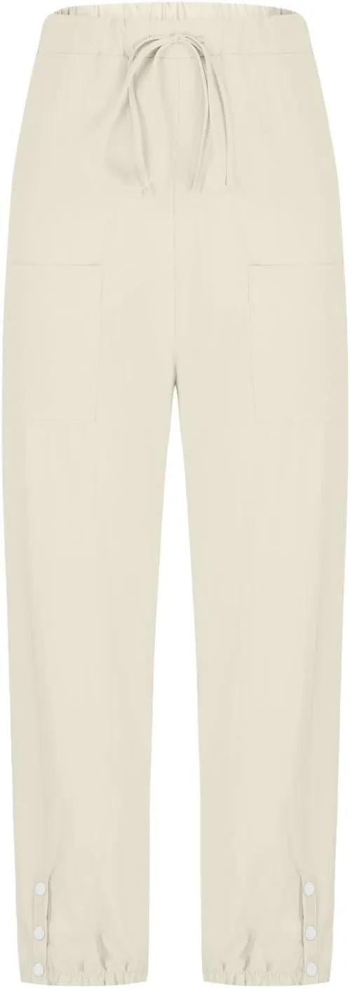 Linen Pants for Women Summer Casual Tie Knot High Waist Pants Button Slit Hem Trousers Baggy Slacks with Pockets 2025