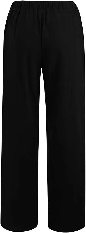 Linen Pants Women 2025 Summer Beach Lounge Palazzo Trousers Loose Elastic Plus Size Drawstring with Pockets Pants