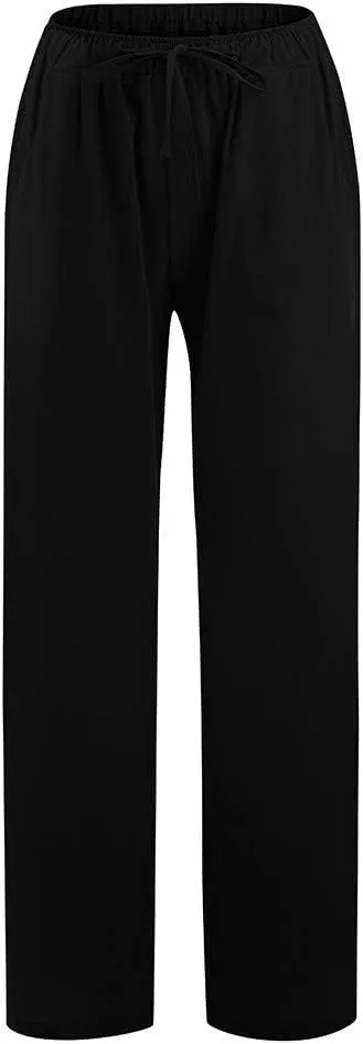 Linen Pants Women 2025 Summer Beach Lounge Palazzo Trousers Loose Elastic Plus Size Drawstring with Pockets Pants