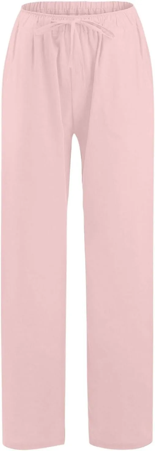 Linen Pants Women 2025 Summer Beach Lounge Palazzo Trousers Loose Elastic Plus Size Drawstring with Pockets Pants