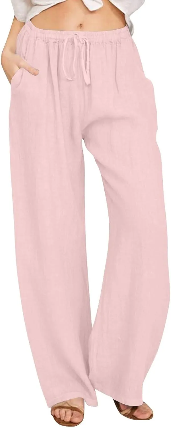 Linen Pants Women 2025 Summer Beach Lounge Palazzo Trousers Loose Elastic Plus Size Drawstring with Pockets Pants