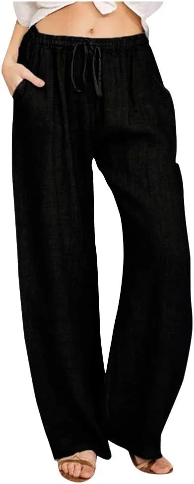 Linen Pants Women 2025 Summer Beach Lounge Palazzo Trousers Loose Elastic Plus Size Drawstring with Pockets Pants