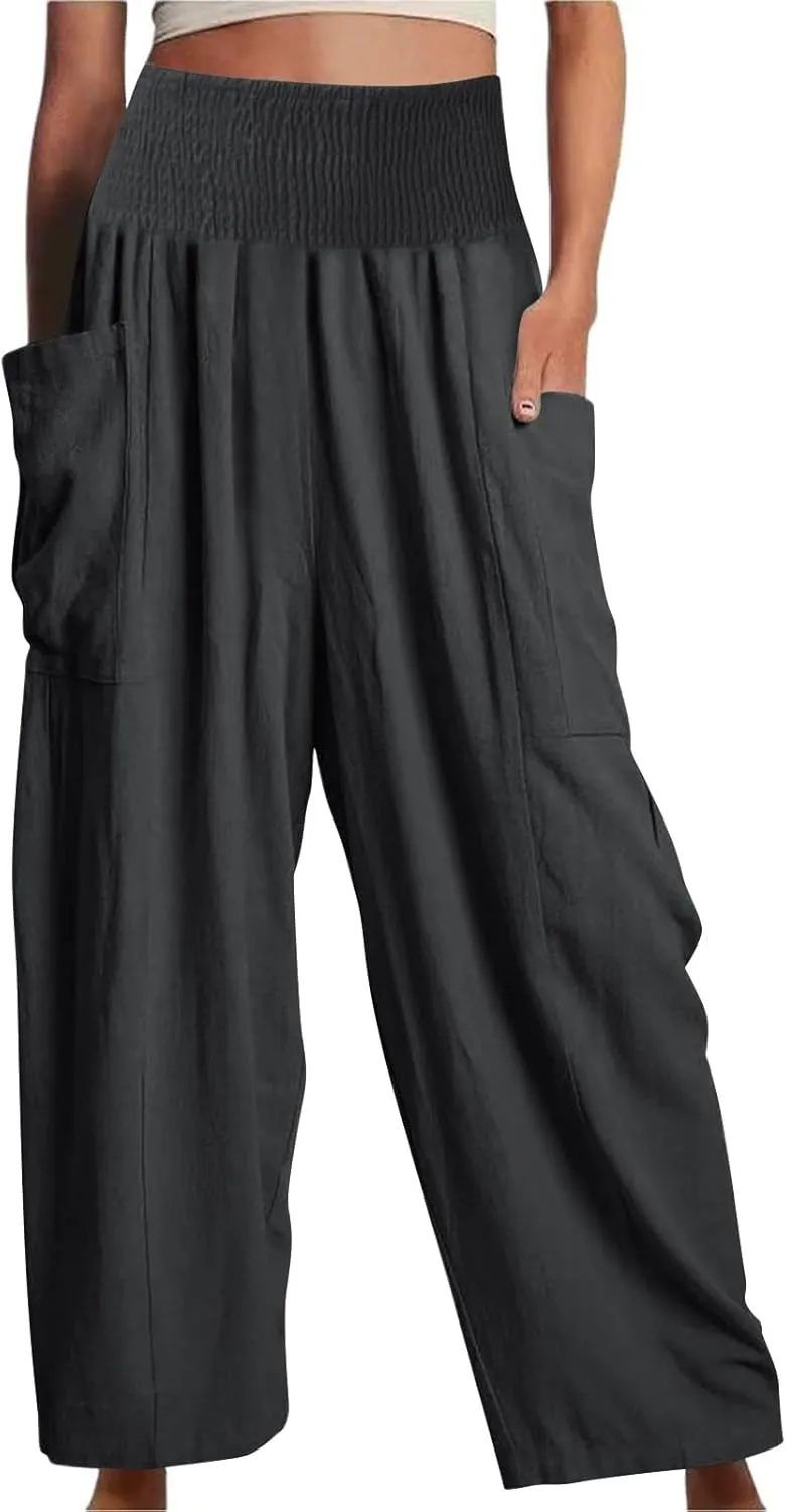 Linen Pants Women Comfy Flowy High Waist Wide Leg Trousers Summer Trendy Lounge Pant Beach Palazzo Pants with Pockets 2025