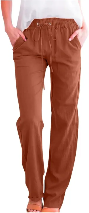 Linen Pants Women Straight Leg Lounge Pants Elastic Waist Drawstring Pants Lightweight Trousers Summer Loose Pants